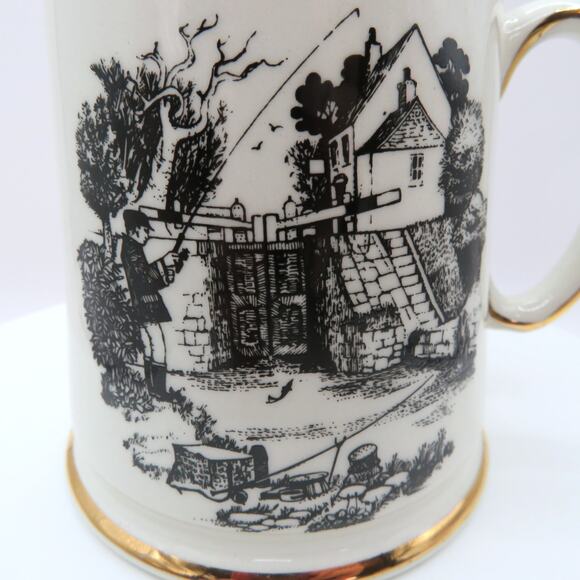 James Kent Ltd Old Foley Mug Fisherman Scene Black Transferware Gold Trim - Picture 4 of 13